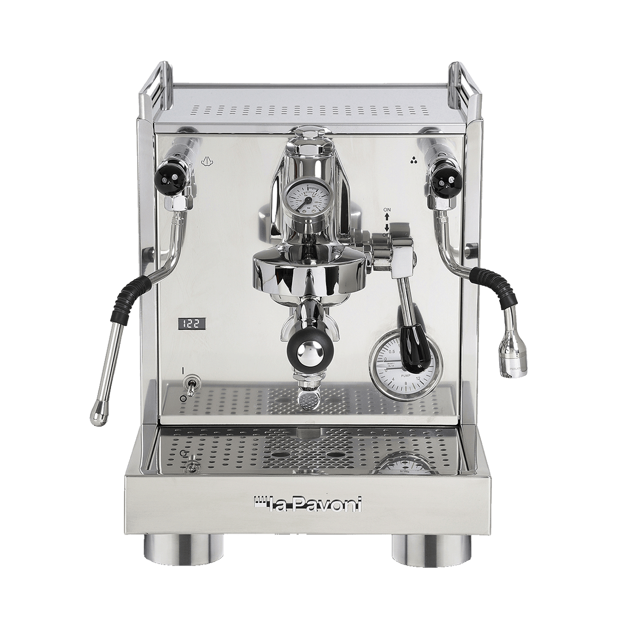 Stainless steel espresso machine with La Pavoni branding on a white background