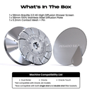 A product information graphic for a shower screen filter basket. The image shows two metallic circular filter screens labeled 'PESADO 58.