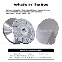 A product information graphic for a shower screen filter basket. The image shows two metallic circular filter screens labeled 'PESADO 58.